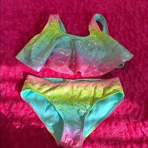 Wonder Nation Girls Two-Piece Ruffle Bikini - Teal & Rainbow Coral